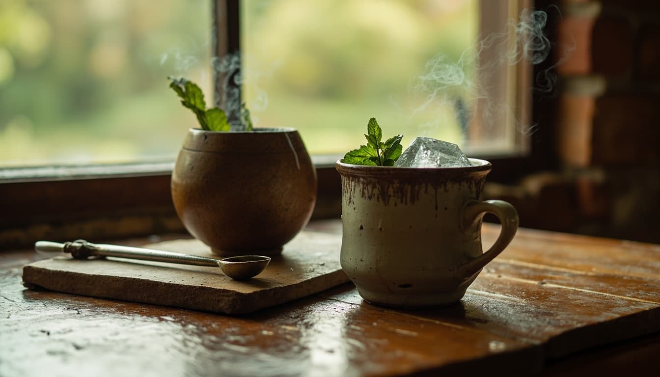 Mate quente com vapor subindo ao lado de tereré gelado com gelo e hortelã sobre mesa rústica de madeira