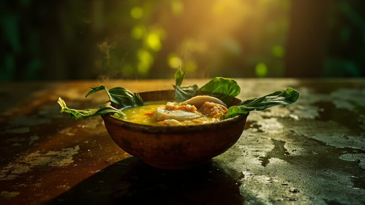Close-up de caldo amarelo vibrante com folhas verdes de jambu e pedaços de peixe em panela de barro, luz natural e fundo desfocado de contexto amazônico