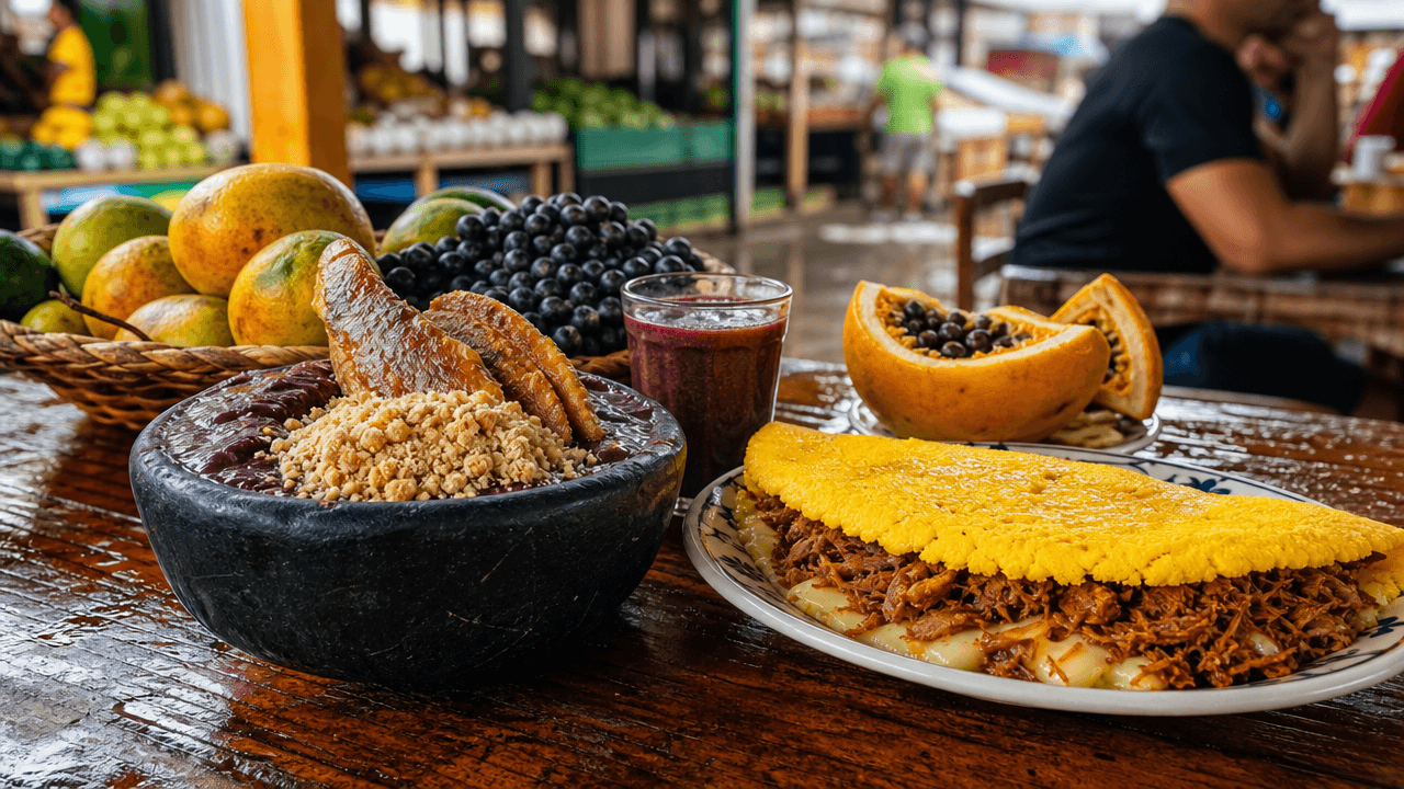 Mesa de madeira rústica com café da manhã paraense, incluindo tapioca quente recheada, açaí em tigela de barro e frutas regionais sob luz natural de mercado coberto
